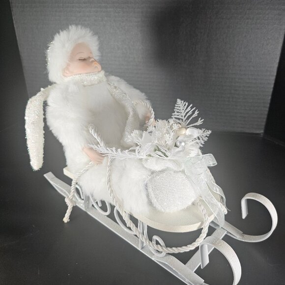 All White Heritage Signature Collection Porcelain Baby Doll in Winter Sleigh - Picture 5 of 11